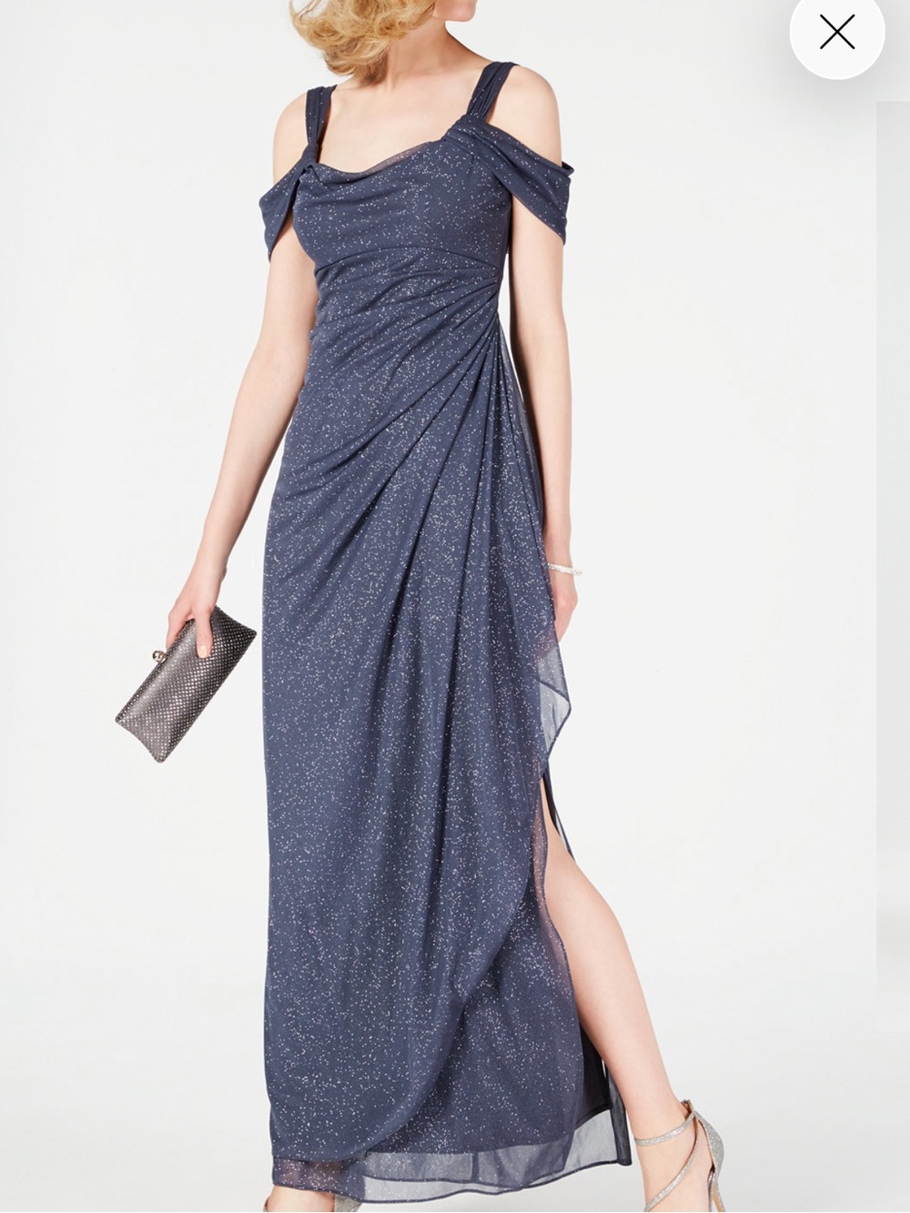 Alex Evening Cold-Shoulder Draped Metallic Petite Gown size 16P